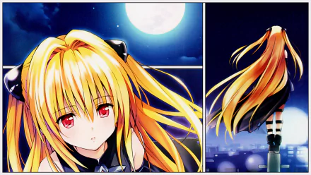 A striking HD wallpaper featuring Golden Darkness from the anime To Love-Ru, set against a moonlit night, showcasing her captivating blonde hair and enigmatic expression.