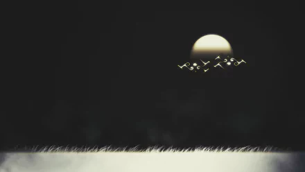 HD artistic night wallpaper featuring a glowing moon above a field of grass with silhouetted birds flying in front of the moon against a dark sky.
