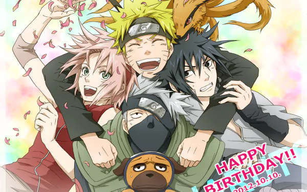 A vibrant HD wallpaper featuring Naruto Uzumaki, Sasuke Uchiha, Sakura Haruno, Kakashi Hatake, and Kyūbi, celebrating with a joyful atmosphere and birthday wishes.