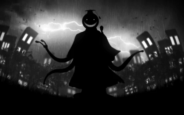 HD desktop wallpaper of Koro-sensei from Assassination Classroom. The image shows his silhouette against a stormy backdrop with lightning and city buildings, creating a dramatic and intense scene.