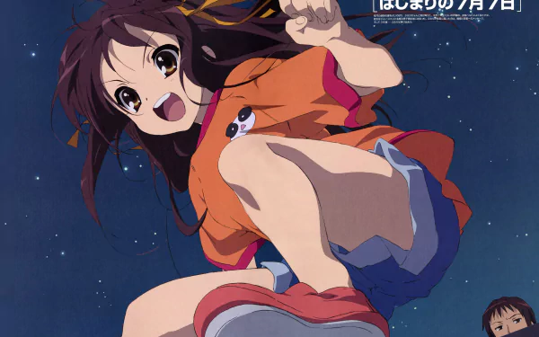 Haruhi Suzumiya from The Melancholy of Haruhi Suzumiya in vibrant anime style, featured in a dynamic 4K Ultra HD PC desktop wallpaper and background.