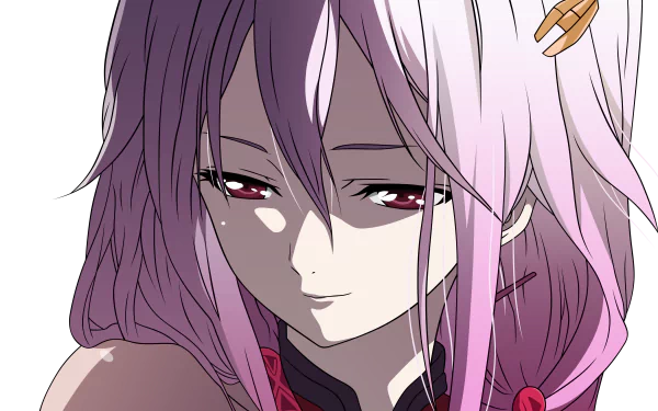 Anime-style close-up of a female character with long pink hair and red eyes from Guilty Crown, rendered in detailed 4K Ultra HD quality for PC desktop wallpaper.