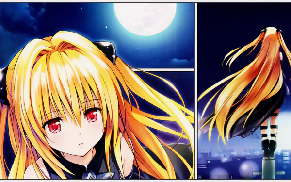 A striking HD wallpaper featuring Golden Darkness from the anime To Love-Ru, set against a moonlit night, showcasing her captivating blonde hair and enigmatic expression.