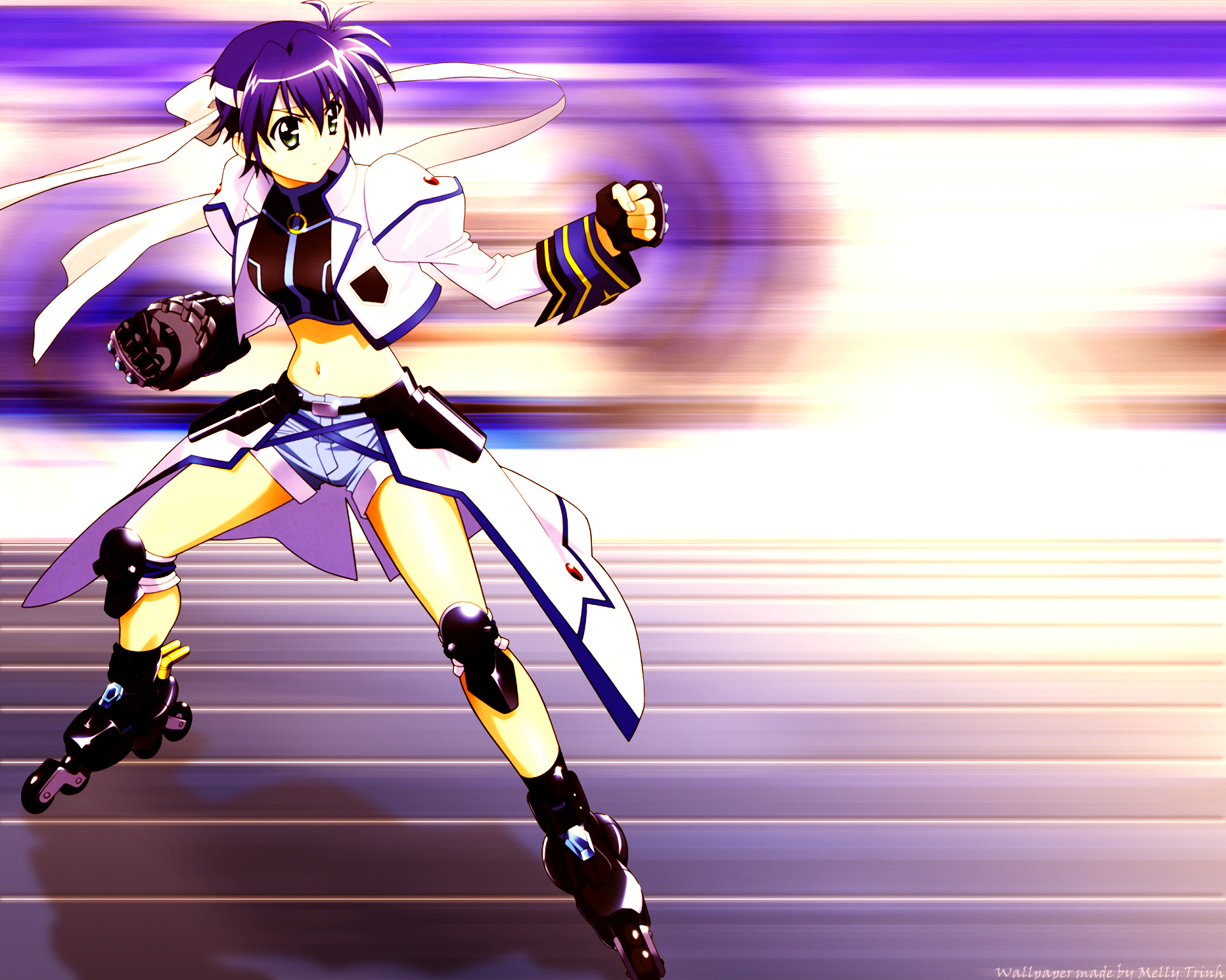 HD PC desktop wallpaper: anime Magical Girl Lyrical Nanoha character in a dynamic attack pose with roller-skates, futuristic outfit and streaked light motion-blur background.