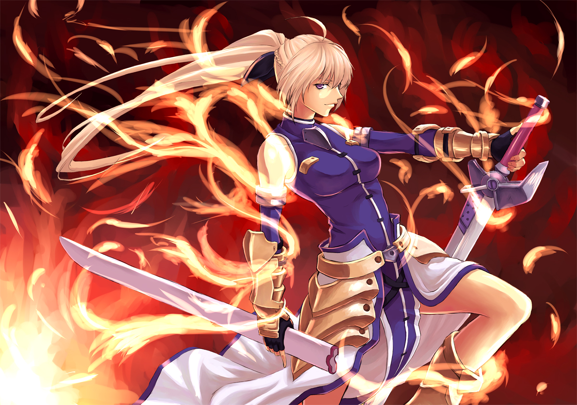 Anime HD PC desktop wallpaper: Magical Girl Lyrical Nanoha heroine in blue armor, dual swords drawn, flowing hair amid swirling flames, dynamic battle-ready pose.