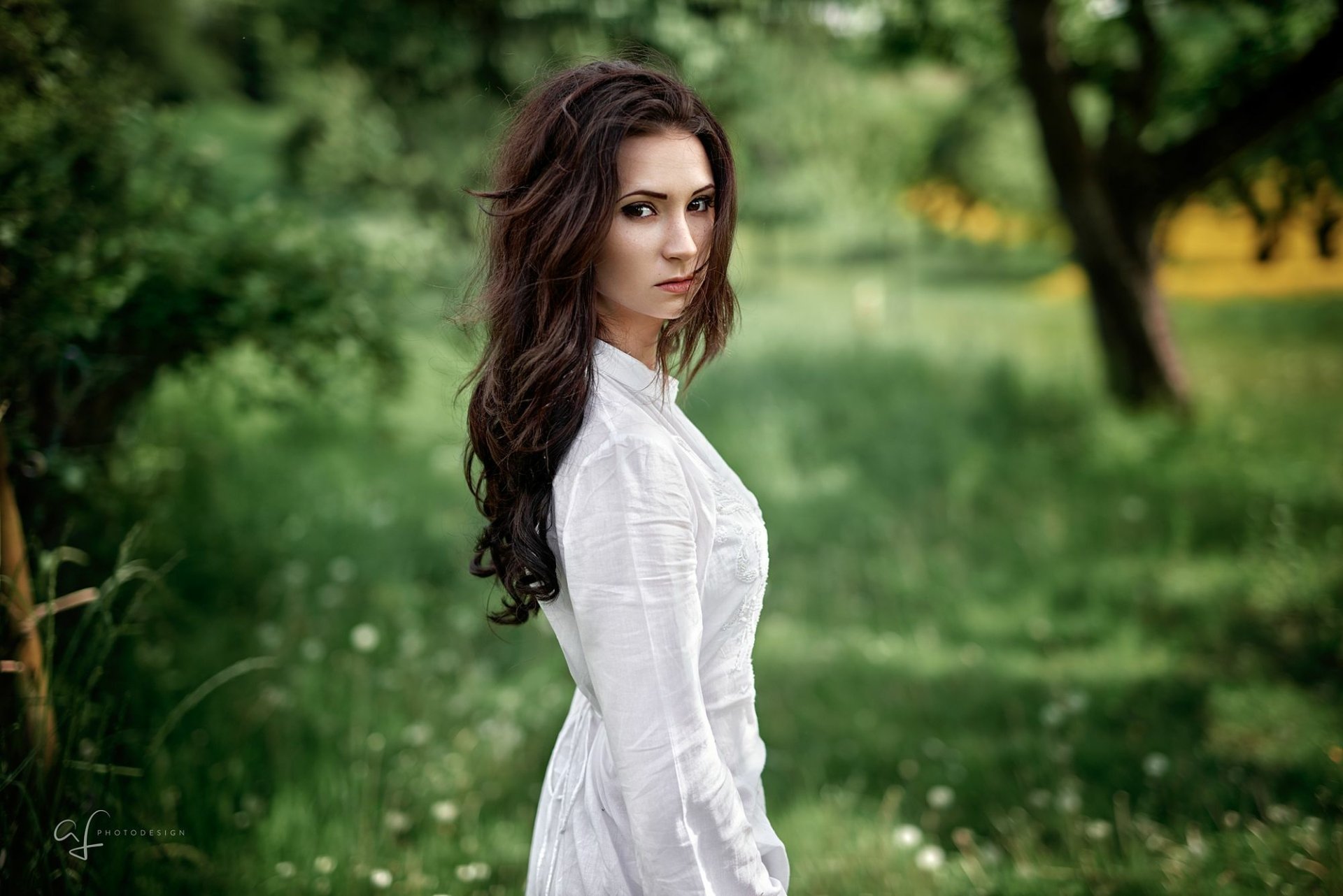 Download Brown Eyes White Dress Blur Brunette Woman Model HD Wallpaper by Alex Fetter