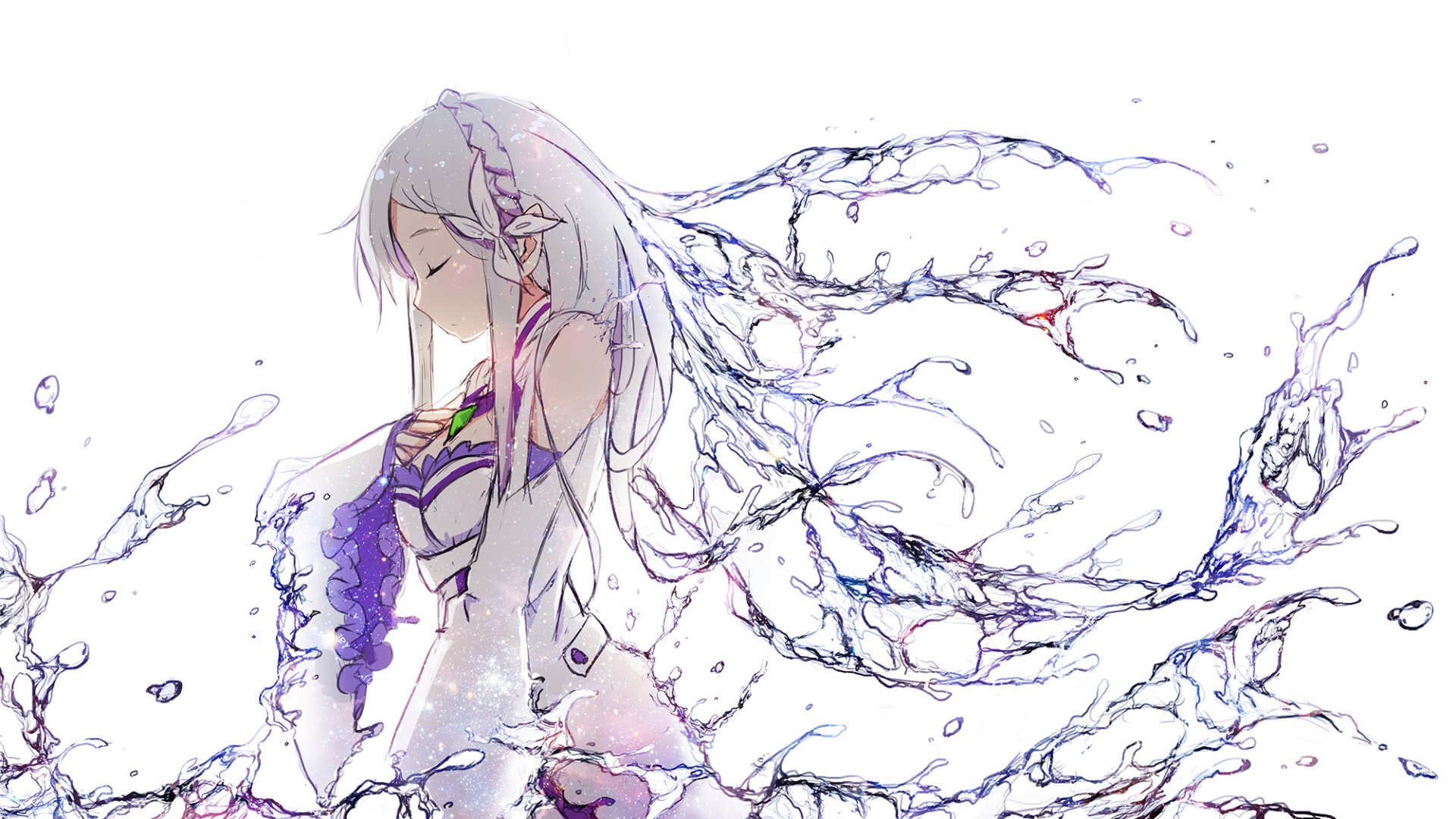 HD desktop wallpaper featuring Emilia from Re:Zero - Starting Life in Another World, captured in a serene, artistic scene with flowing water elements and ethereal colors.