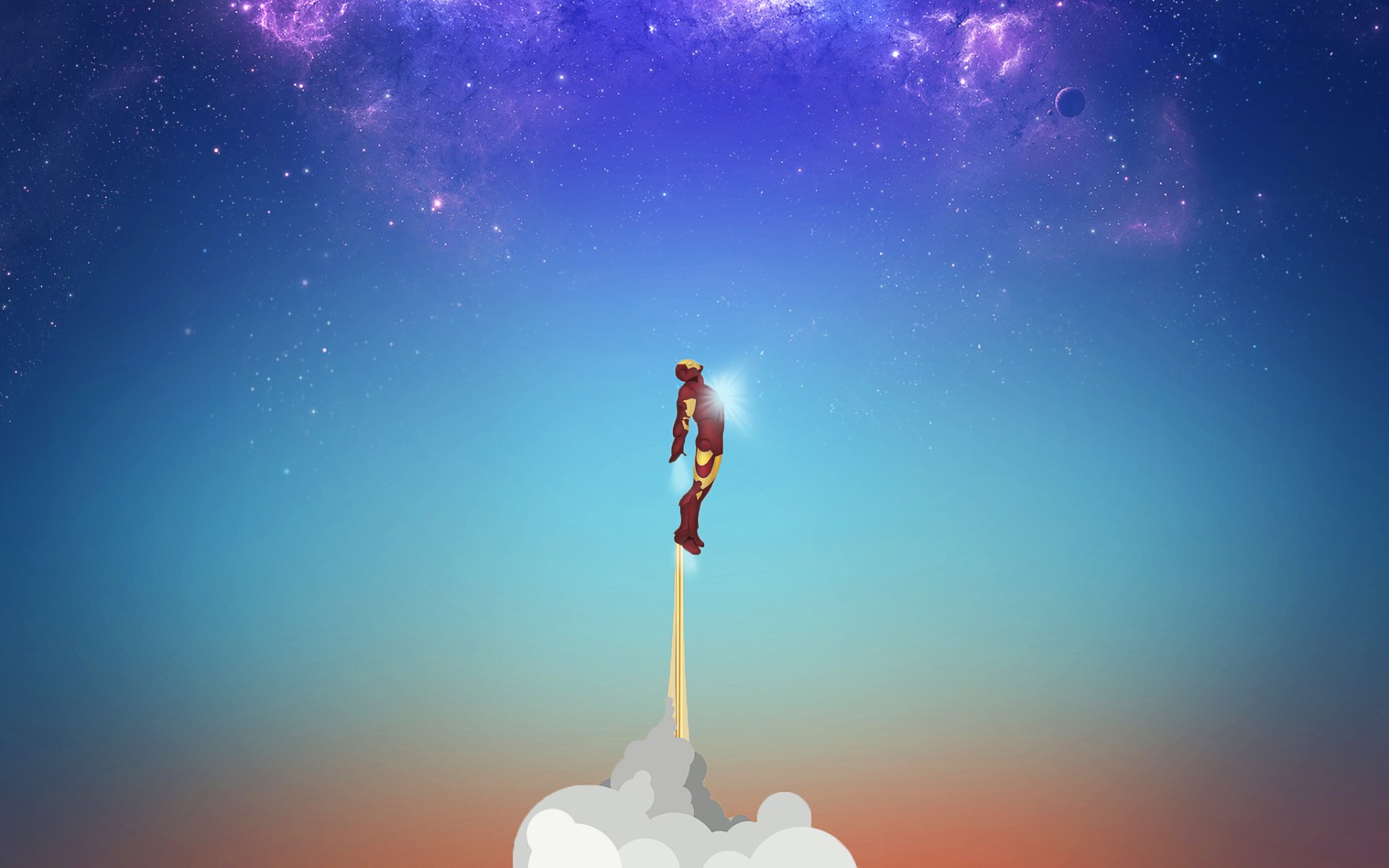 HD comic-style desktop wallpaper featuring Iron Man flying upward against a vibrant sky with distant stars and nebulae.