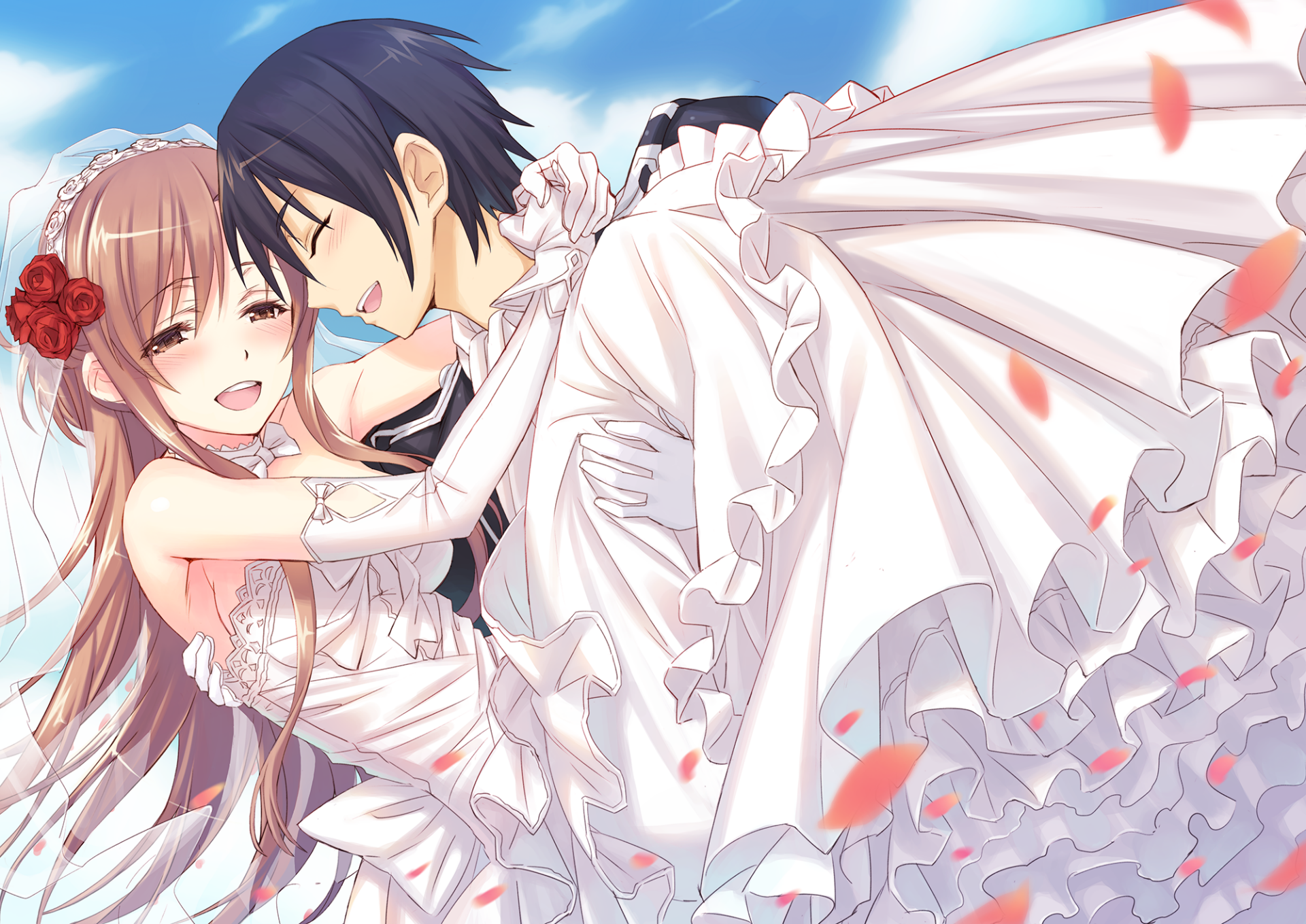 Asuna Yuuki and Kirito from Sword Art Online share a joyful moment in a beautiful wedding dress scene, surrounded by petals, set against a serene sky. High-definition anime wallpaper.