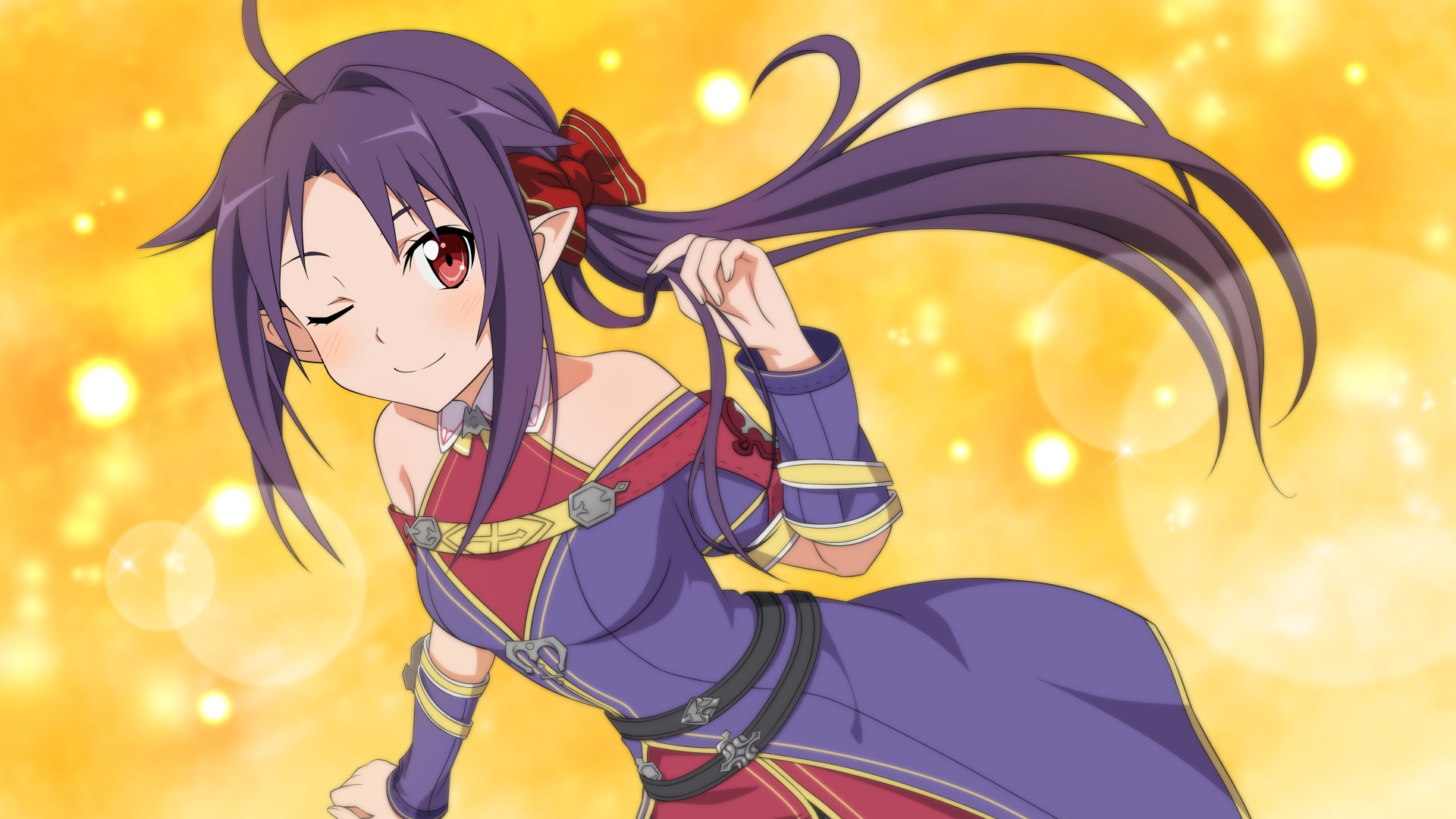 A vibrant 4K Ultra HD wallpaper featuring a character from Sword Art Online II, smiling playfully with long purple hair against a golden, bokeh background.