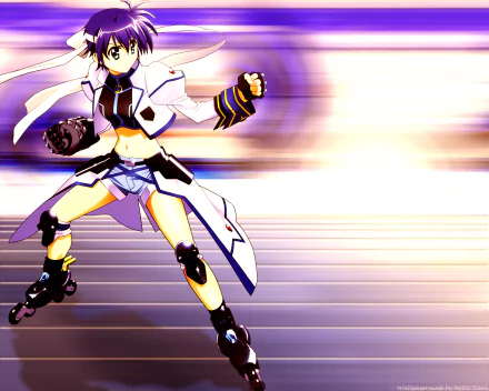 HD PC desktop wallpaper: anime Magical Girl Lyrical Nanoha character in a dynamic attack pose with roller-skates, futuristic outfit and streaked light motion-blur background.