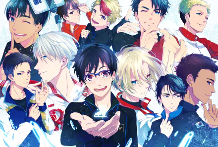 HD desktop wallpaper featuring the cast of the anime Yuri!!! on ICE. The vibrant image showcases multiple characters with joyful, expressive faces, reflecting the show's energetic and lively spirit.