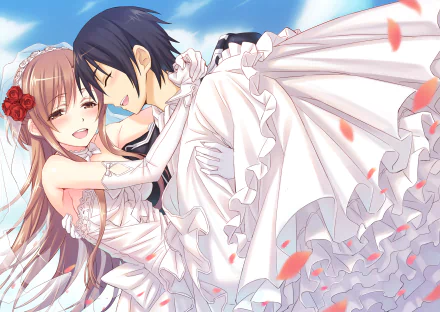 Asuna Yuuki and Kirito from Sword Art Online share a joyful moment in a beautiful wedding dress scene, surrounded by petals, set against a serene sky. High-definition anime wallpaper.