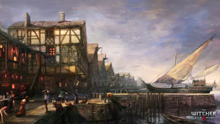 HD concept art of Novigrad town from The Witcher 3: Wild Hunt, showcasing a fantasy harbor scene with medieval buildings and a sailing ship at sunset.