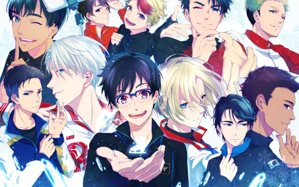 HD desktop wallpaper featuring the cast of the anime Yuri!!! on ICE. The vibrant image showcases multiple characters with joyful, expressive faces, reflecting the show's energetic and lively spirit.