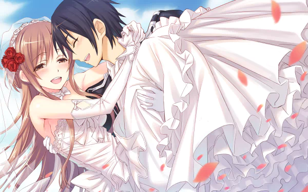 Asuna Yuuki and Kirito from Sword Art Online share a joyful moment in a beautiful wedding dress scene, surrounded by petals, set against a serene sky. High-definition anime wallpaper.