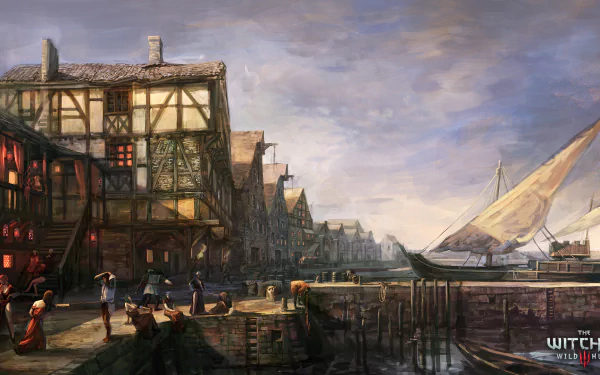 HD concept art of Novigrad town from The Witcher 3: Wild Hunt, showcasing a fantasy harbor scene with medieval buildings and a sailing ship at sunset.