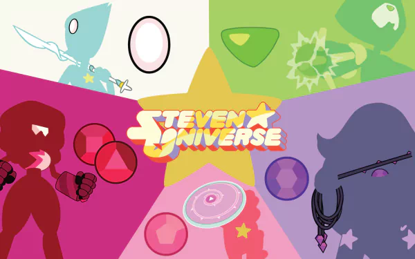 An HD wallpaper featuring characters from Steven Universe, including Peridot, Pearl, Amethyst, and Steven, showcased in a colorful, stylized design.