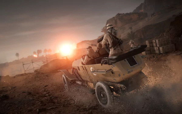 An intense Battlefield 1 scene features soldiers in a vintage armored vehicle racing across a dusty battlefield at sunset, captured in 8K Ultra HD for PC desktop wallpaper.