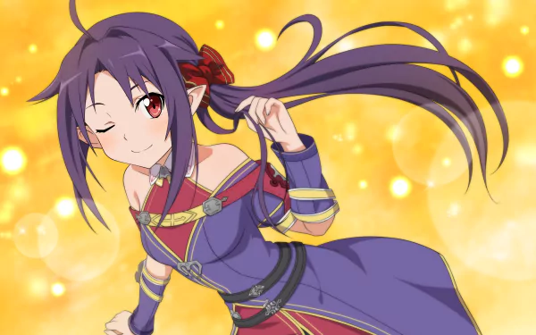 A vibrant 4K Ultra HD wallpaper featuring a character from Sword Art Online II, smiling playfully with long purple hair against a golden, bokeh background.