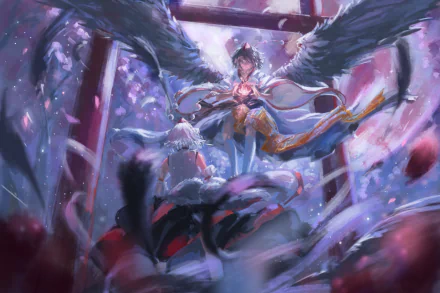 HD anime-style Touhou wallpaper featuring a winged character with dark feathers and a glowing chest, set against a mystical backdrop with cherry blossom petals.