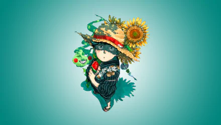 HD desktop wallpaper featuring Ekubo and Shigeo Kageyama from the anime Mob Psycho 100, with a vibrant teal background and sunflower accents.