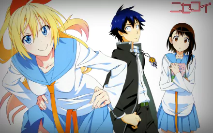 HD anime wallpaper featuring Nisekoi characters Chitoge Kirisaki with long blonde hair and blue eyes, Raku Ichijō in a school uniform, and Kosaki Onodera with short brown hair and brown eyes.