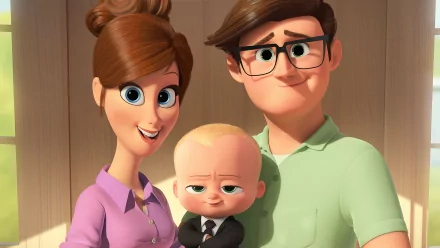 HD desktop wallpaper featuring characters from The Boss Baby movie. Theodore Templeton, a baby in a suit, is flanked by a woman with brown hair in a purple shirt and a man with glasses in a green shirt.