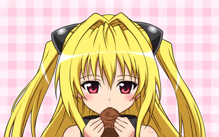 HD PC desktop wallpaper featuring Golden Darkness from the anime To Love-Ru, with her long blonde hair and red eyes against a pink checkered background.