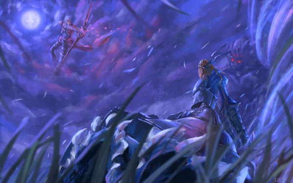 A dramatic scene featuring Berserker, Archer, and Saber from Fate/stay night, set against a vibrant twilight backdrop. The image captures the intensity of battle in an anime style.