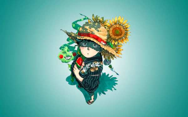 HD desktop wallpaper featuring Ekubo and Shigeo Kageyama from the anime Mob Psycho 100, with a vibrant teal background and sunflower accents.