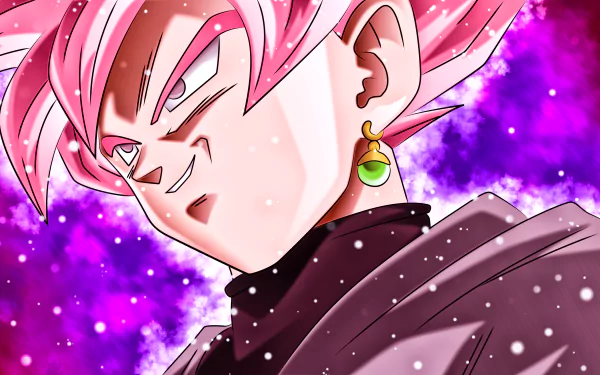 HD desktop wallpaper featuring Super Saiyan Rosé Black Goku from Dragon Ball Super. The character, with pink hair and green earrings, appears against a vibrant purple and pink background.