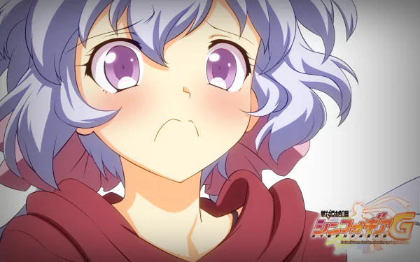 HD PC desktop wallpaper featuring an anime character from Senki Zesshou Symphogear with expressive purple eyes and short, wavy silver hair.