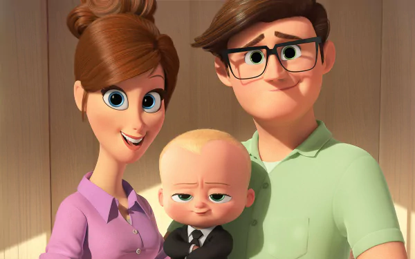 HD desktop wallpaper featuring characters from The Boss Baby movie. Theodore Templeton, a baby in a suit, is flanked by a woman with brown hair in a purple shirt and a man with glasses in a green shirt.