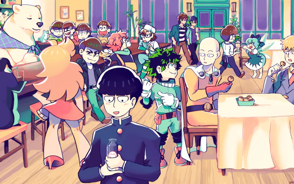 A vibrant HD desktop wallpaper featuring a crossover of various anime characters gathered in a lively café setting.