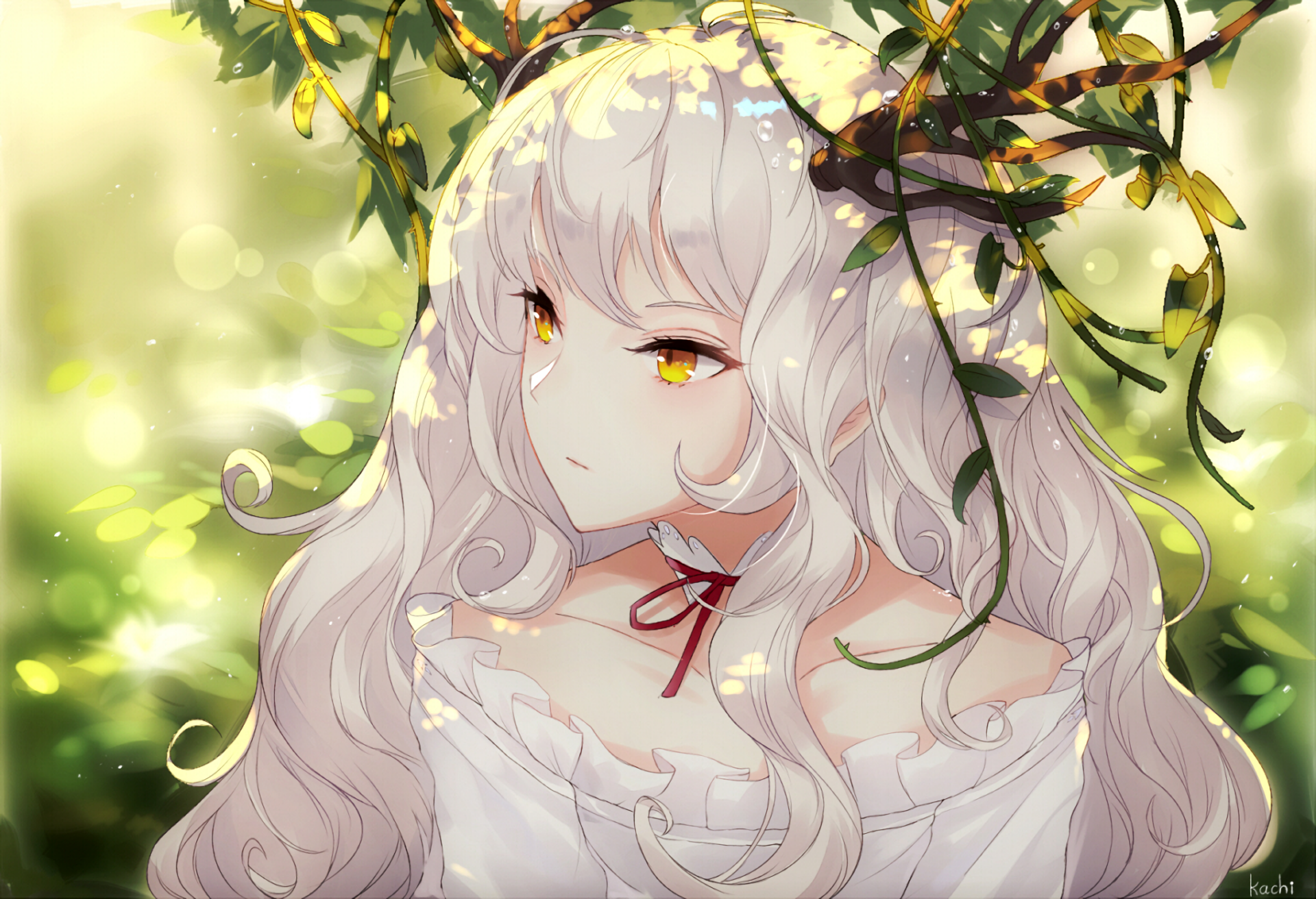 Anime-inspired HD desktop wallpaper featuring a serene character with long, flowing white hair, adorned with leafy vines, set against a soft, glowing background.