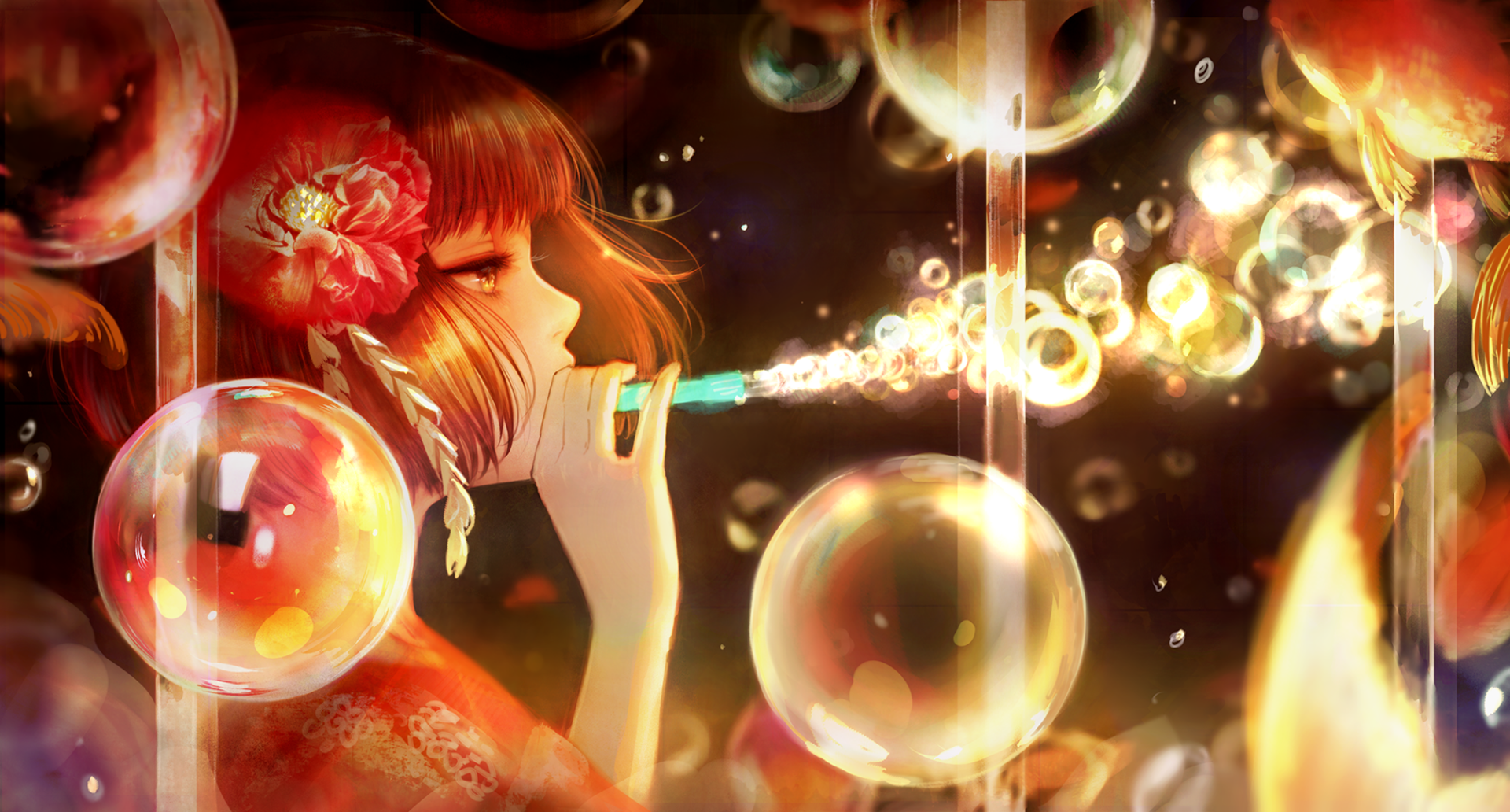 HD anime-style original wallpaper featuring a girl blowing glowing bubbles in a warm, vibrant atmosphere, designed for PC desktop backgrounds.