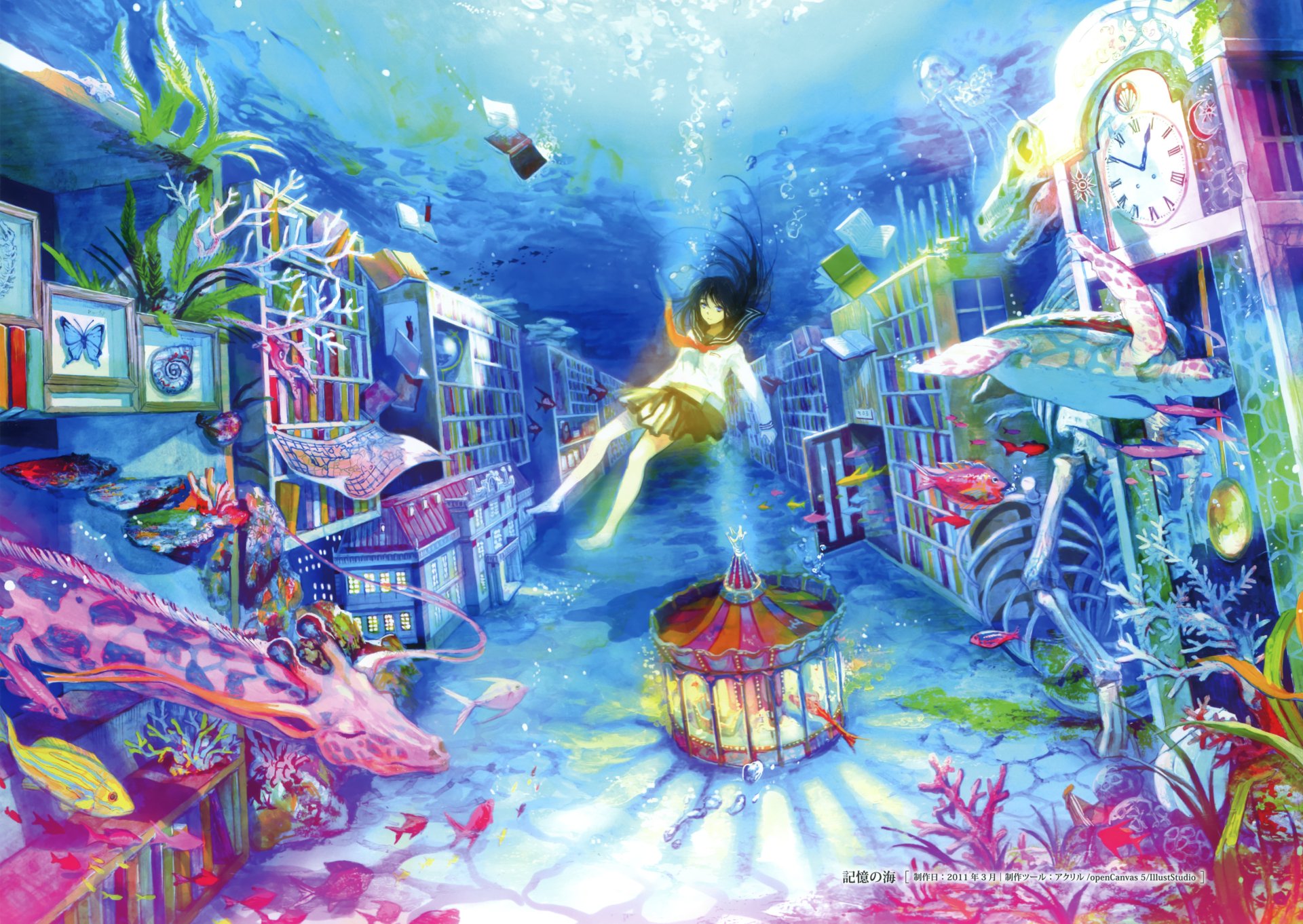 Anime underwater 2K Quad HD PC desktop wallpaper: a girl drifting through a submerged library amid colorful fish, coral, floating books, clocks and a birdcage.