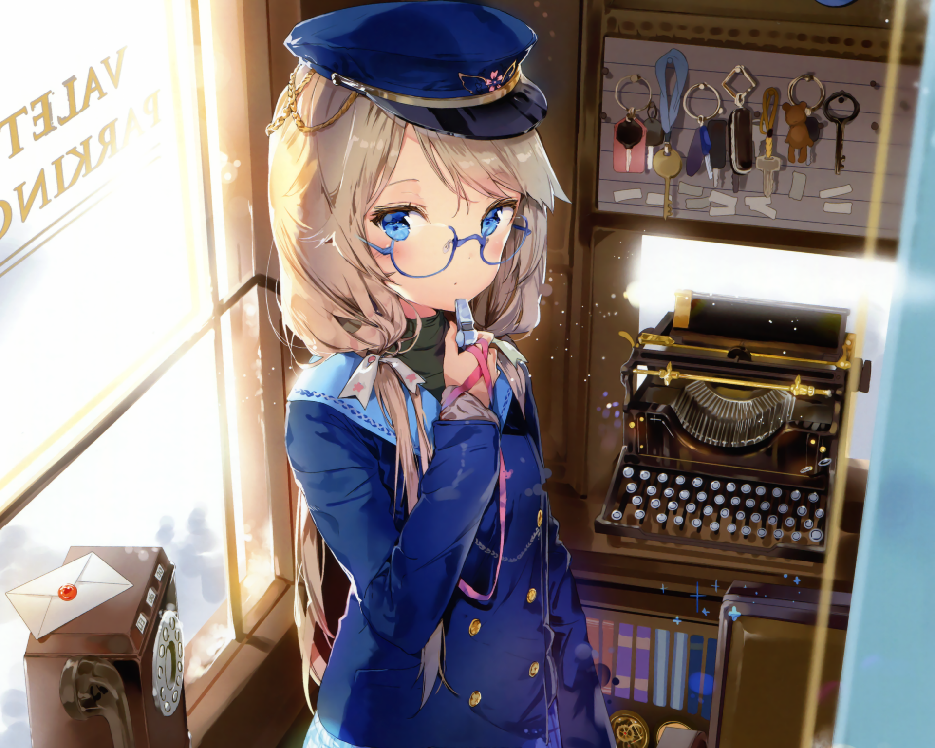 Anime-inspired HD desktop wallpaper featuring a girl in a blue uniform with glasses, surrounded by vintage items like a typewriter and keys, creating a charming atmosphere.