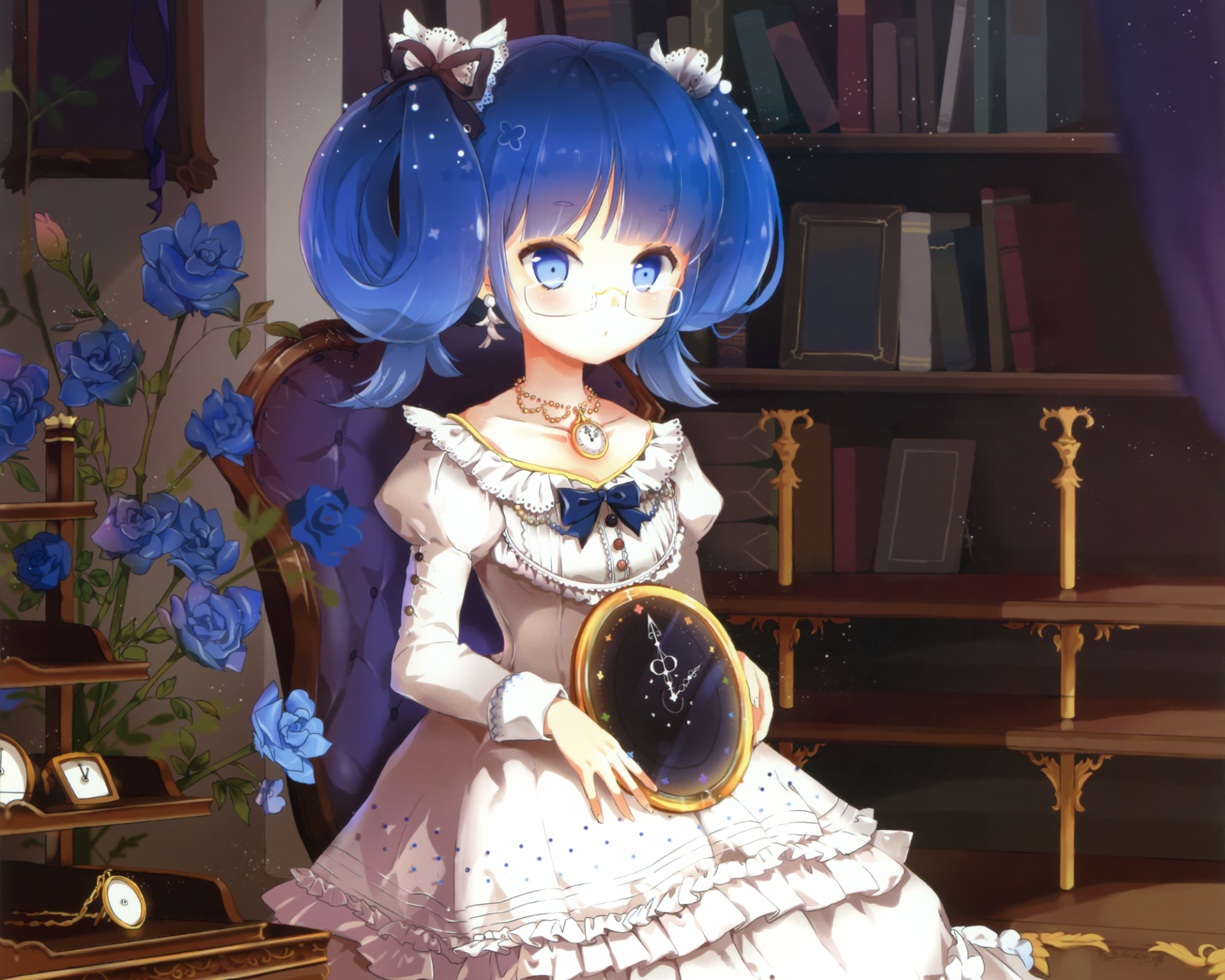 Anime-style original HD desktop wallpaper featuring a girl with blue hair and glasses holding a clock, surrounded by blue roses and bookshelves in a softly lit room.
