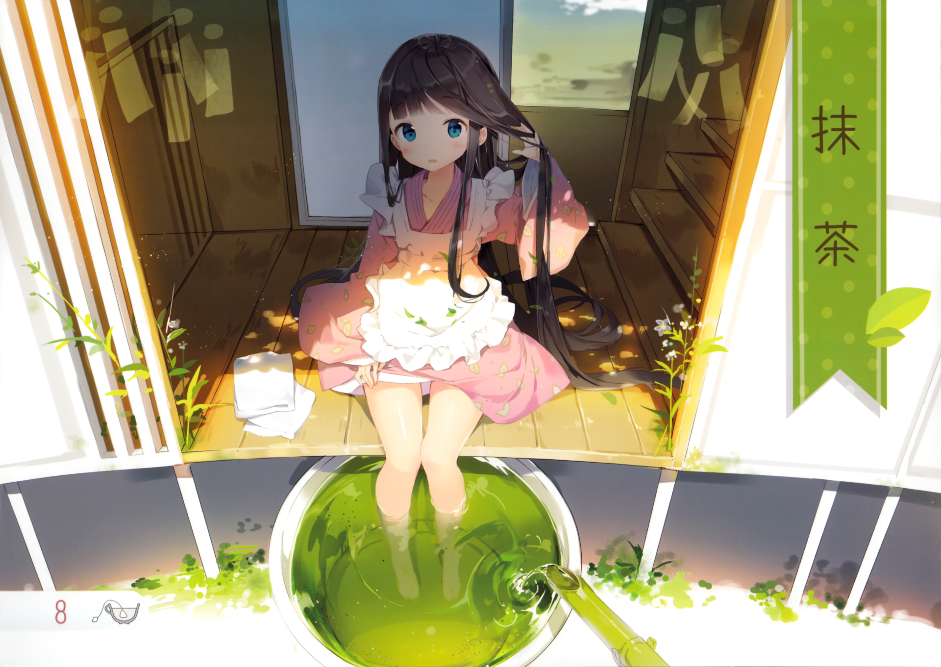 A vibrant anime HD desktop wallpaper featuring a girl sitting in a bowl of green tea, radiating a serene, whimsical atmosphere in a cozy setting.
