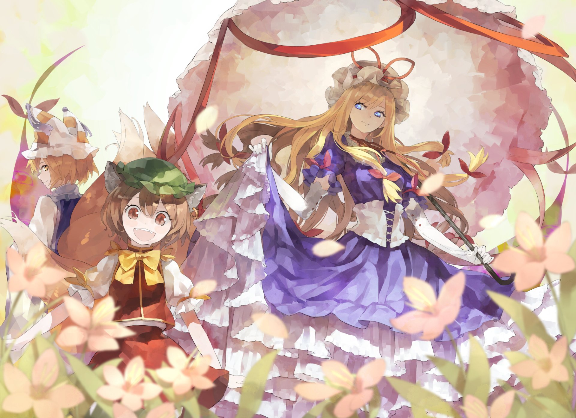 HD anime desktop wallpaper featuring Ran Yakumo, Yukari Yakumo, and Chen from the Touhou series surrounded by soft floral elements and light pastel colors.