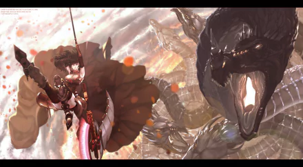 A dynamic scene featuring Ruby Rose from RWBY battling a menacing Grimm, set against a vibrant backdrop. This 4K Ultra HD image captures the essence of the anime's action and artistry.