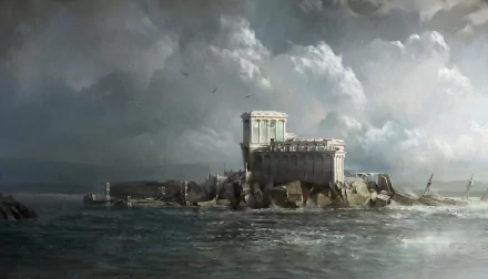 A dramatic 4K Ultra HD PC desktop wallpaper from the video game Dishonored 2, featuring a stormy sea with a solitary ancient fortress on rocky cliffs under a cloudy sky.