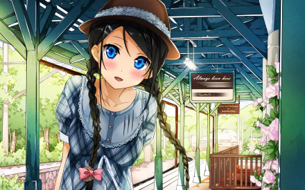 HD PC desktop wallpaper featuring an original anime character from 5 Nenme no Houkago, with bright blue eyes, braided hair, and a hat, set in a detailed outdoor scene.