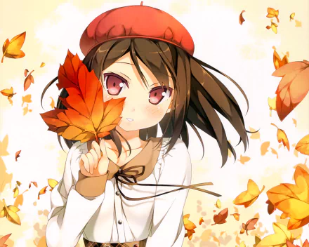 HD PC desktop wallpaper featuring an original anime-style character from 5 Nenme no Houkago, holding autumn leaves with falling leaves in the background.