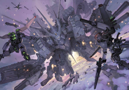 HD anime-style original artwork of a massive, futuristic mecha robot surrounded by smaller drones and aircrafts, set against a dramatic, cloudy sky background.