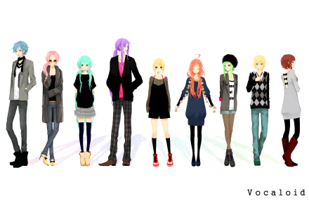 HD desktop wallpaper of Vocaloid characters: SF-A2 Miki, Kamui Gakupo, GUMI, IA, Kaito, Meiko, Luka Megurine, Len & Rin Kagamine, and Hatsune Miku standing in a row.