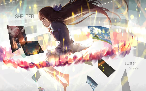 HD desktop wallpaper featuring Rin from Shelter anime, with vibrant colors and dynamic background elements that convey a sense of motion and emotion.
