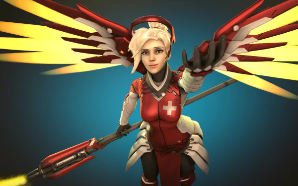 4K Ultra HD PC wallpaper featuring Mercy from Overwatch in her red Valkyrie suit with glowing yellow wings, set against a blue background.